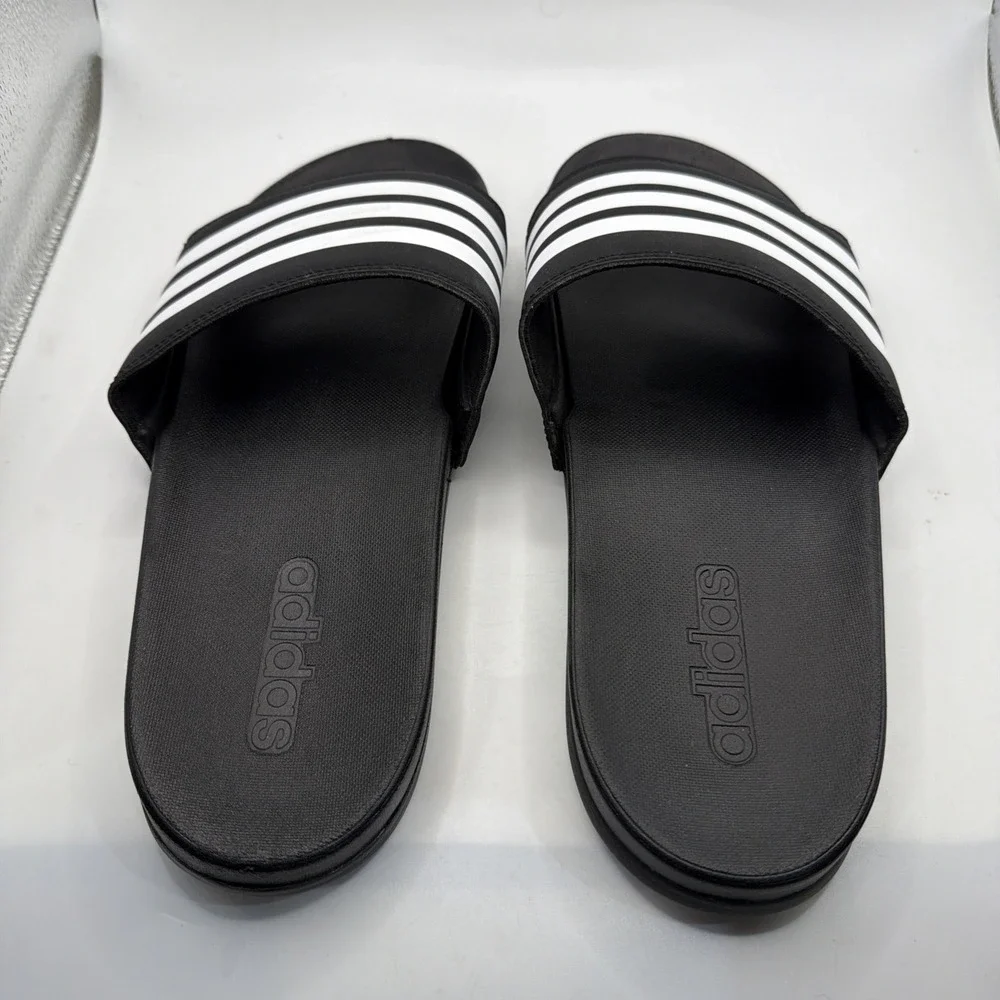 Adidas Adilette Comfort Slides - Black White Stripes - Men's 8/Women's 9